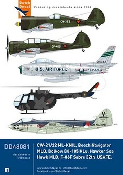 Curtiss CW21/CW22 (KNIL-LA), Bolkow Bo105 (KLu) Seahawk, Beech Navigator (Kon Marine), F86F Sabre (32TFS, USAF Soesterberg) DD48081