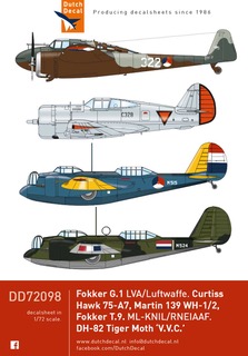 Fokker G1 (LVA, Luftwaffe), Martin WH1/2 , Curtiss H75 (RNEIAF), Tiger Moth (VVC), Fokker TIX)  DD72098