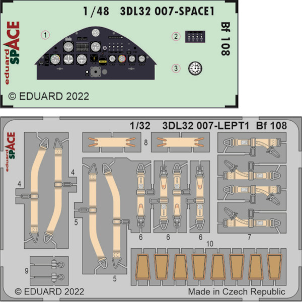 SPACE 3D  Detailset Messerschmitt Bf108 Instrument Panel and seatbelts (Eduard)  3DL32007