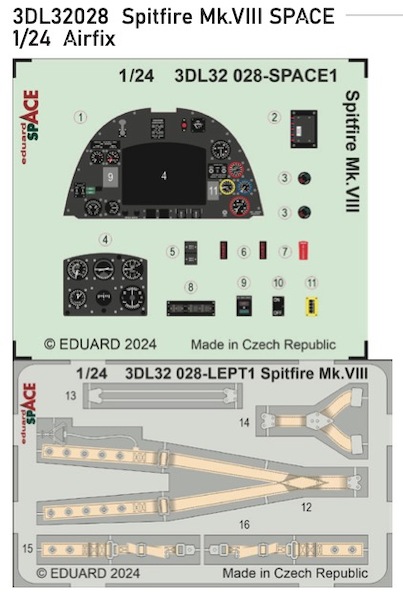 SPACE 3D  Detailset Supermarine Spitfire MKVIII Instrument Panel and seatbelts (Airfix)  3DL32028