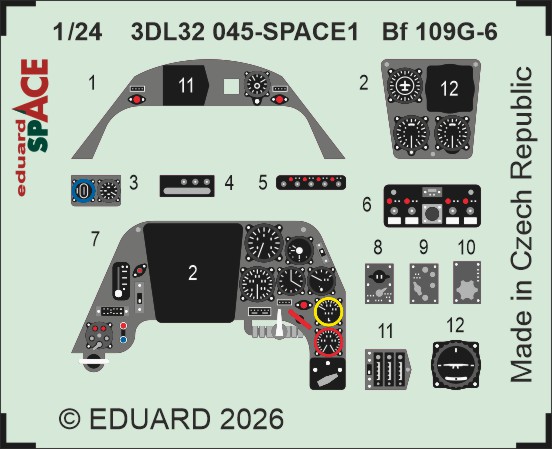 SPACE 3D Detailset Messerschmitt BF109G-6 Instrument Panel (Airfix) 3DL32045