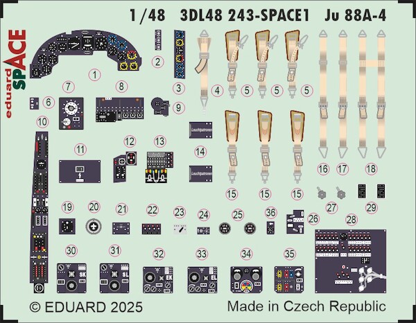 SPACE 3D Detailset Junkers Ju88A-4 Instrument Panels and Seatbelts (ICM / Eduard) 3DL48243