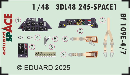 SPACE 3D Detailset Messerschmitt BF109E-4/7 Instrument Panels and Seatbelts  (Tamiya)  3DL48245