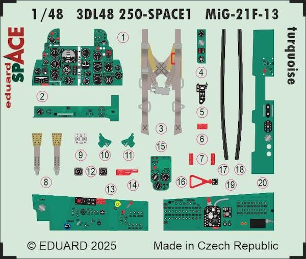 SPACE 3D  Detailset Mikoyan MiG21F-13 seatbelts and instrument panels  (TURQUOISE) (Eduard)  3DL48250