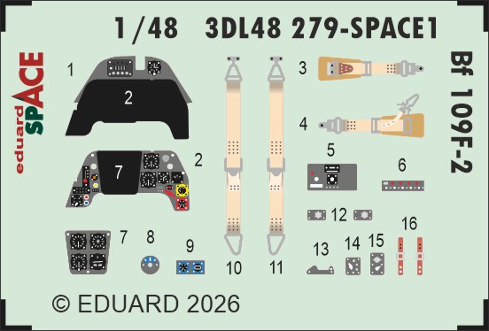 SPACE 3D  Detailset Messerschmitt Bf109F-2  Instrument panels and  Seatbelts (Eduard)  3DL48279