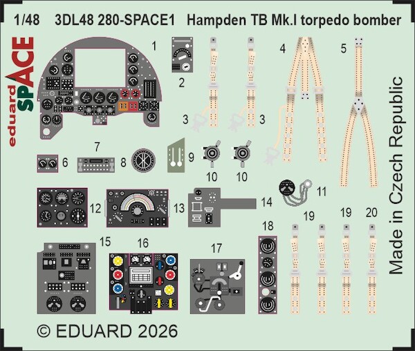SPACE 3D  Detailset Hampden TB Mk1 Torpedo Bomber  Instrument panels and  Seatbelts (ICM)  3DL48280
