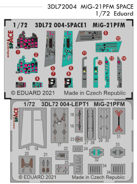 SPACE 3D Detailset Mikoyan Mig21PFM "Fishbed" Instrument panels and seatbelts (Eduard)  3DL72004