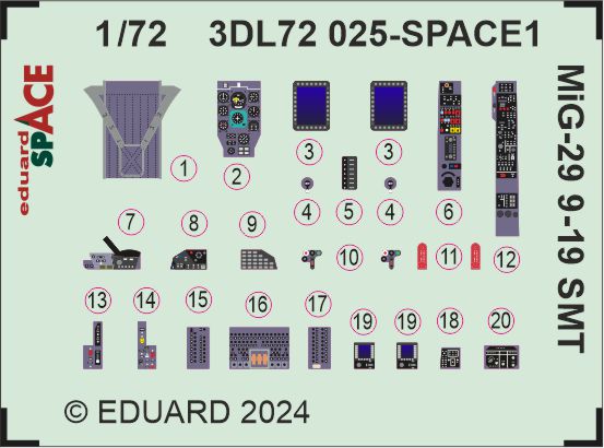 SPACE 3D Detailset Mikoyan MiG29SMT  9-19 Fulcrum Instrument panels and seatbelts (Great Wall Hobby)  3DL72025