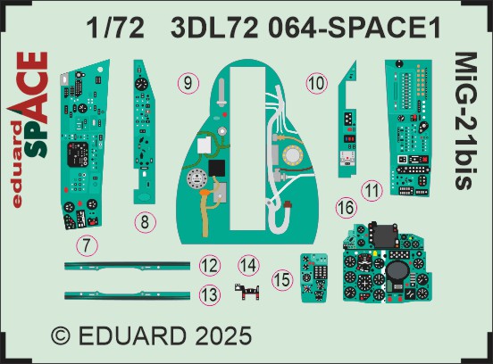SPACE 3D Detailset Mikoyan MiG21Bis Instrument panel, Cockpit detail and seatbelts (Eduard) 3DL72064