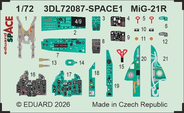 SPACE 3D  Detailset Mikoyan MiG21R  Instrument panels and  Seatbelts (Eduard)  3DL72087