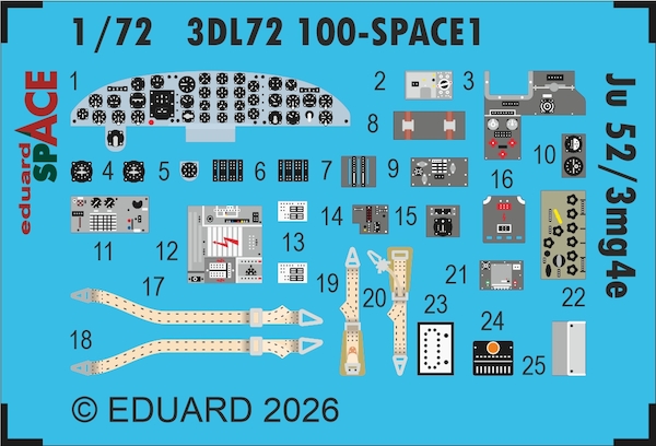 SPACE 3D  Detailset Junkers  Ju52/3mg4e Instrument panels and  Seatbelts (Airfix)  3DL72100