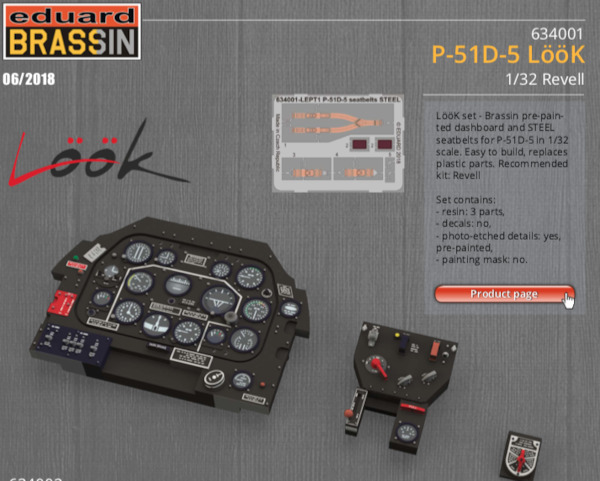 P51D Mustang Löök Instrument Panel and seatbelts (Revell) E634001