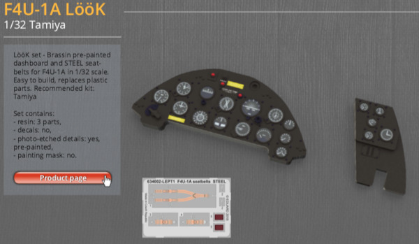 F4U-1a Corsair Löök Instrument Panel and seatbelts (Tamiya) E634002