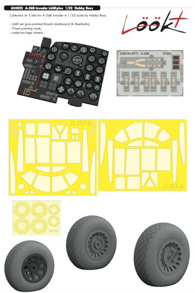 A26B Invader Lk Plus Instrument Panel and seatbelts, Wheels and TFace mask (Hobby Boss)  E634023