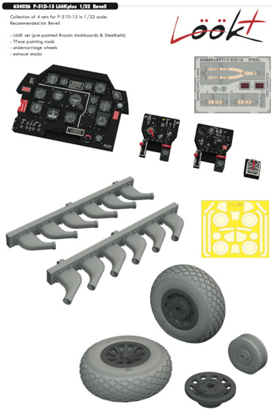 P51D-15 Mustang Lk + Instrument Panel and seatbelts, Wheels, exhausts and TFace Mask (Revell)  E634026