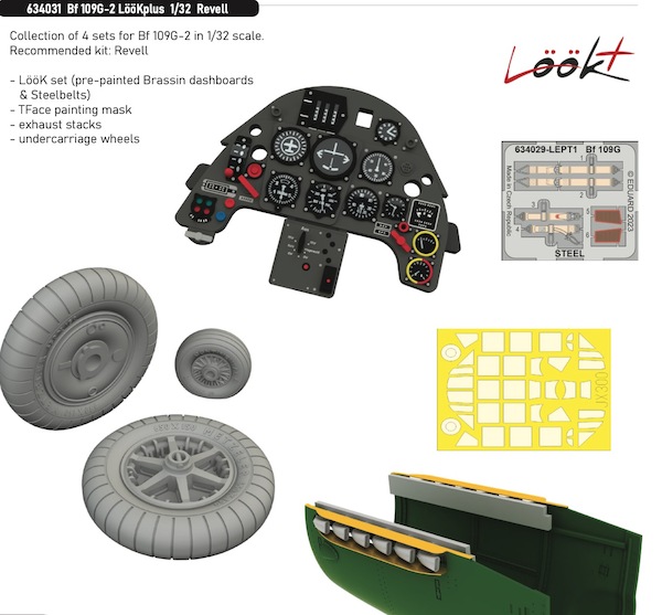 Messerschmitt BF109G-2 Löök + Instrument Panel and seatbelts, exhaust stacks, wheels and TFace Mask (Revell) E634031