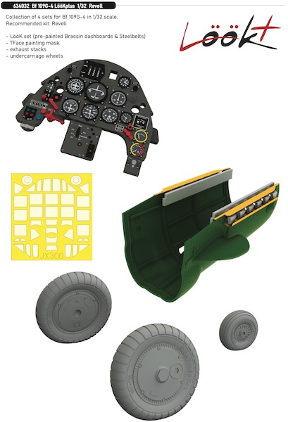 Messerschmitt BF109G-4 Löök + Instrument Panel and seatbelts, exhaust stacks, wheels and TFace Mask (Revell) E634032