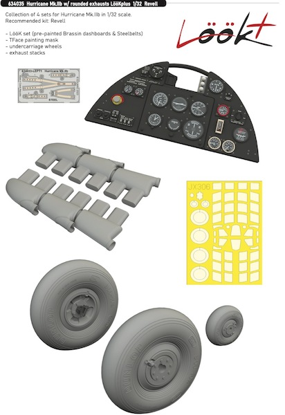 Hurricane MKIIb Löök plus Instrument Panel and seatbelts, rounded exhaust, wheels and TFace masing set (Revell) E634035