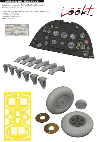 Spitfire MKIXc Löök plus Instrument Panel and seatbelts, Fishtail exhaust, wheels 5 spoke and TFace masing set (Airfix) E634036