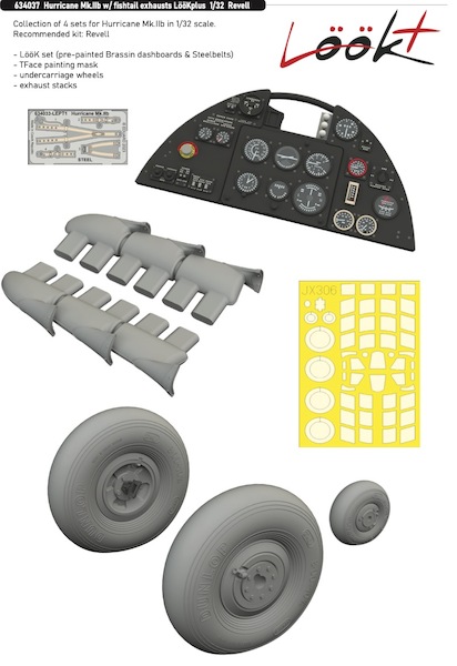 Hurricane MKIIb Löök plus Instrument Panel and seatbelts, Fishtail exhaust, wheels and TFace masing set (Revell) E634037