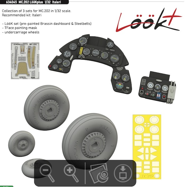 Macchi MC202  Lk+  Instrument Panel and seatbelts, wheels and TFace mask (Trumpeter)  E634045