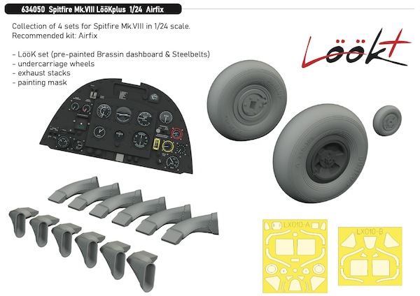 Supermarine Spitfire MKVIII Löök+  Instrument Panel and seatbelts, Fishtail Exhausts, $ spoke wheels and TFace masking set  (Airfix)  E634050