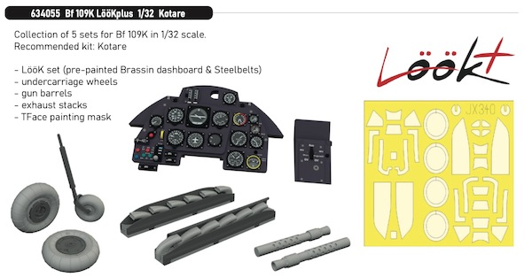 Messerschmitt Bf109G-5 Löök  Instrument Panel and seatbelts, Wheels, Exhaust stacks, Gun barrels TFace Msk (Kotare)  E634055