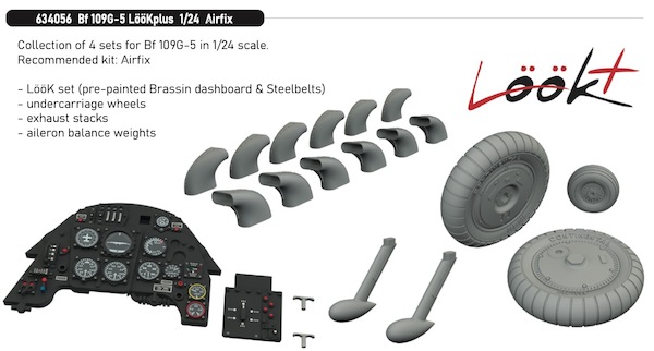 Messerschmitt Bf109G-5 Löök + Instrument Panel and seatbelts, wheels, exhaust stacks, Balance weights (Airfix) E634056