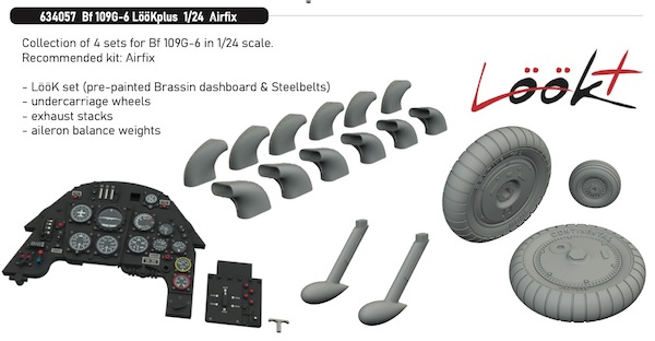 Messerschmitt Bf109G-6 Löök + Instrument Panel and seatbelts, wheels, exhaust stacks, Balance weights (Airfix) E634056