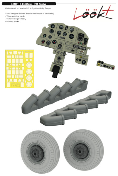 Ilyushin IL2 Lk Plus Instrument Panel, wheels, Exhaust stacks  and seatbelts (Tamiya)  E644071