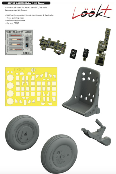 Mitsubishi A6M-2 Zero Lk+  Instrument Panel and seatbelts, wheels, seat and TFace mask  (Eduard)  E644134