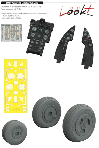 Vampire F3 Löök+ Instrument Panel and seatbelts, Seat, Wheels and TFace Mask (Airfix) E644159