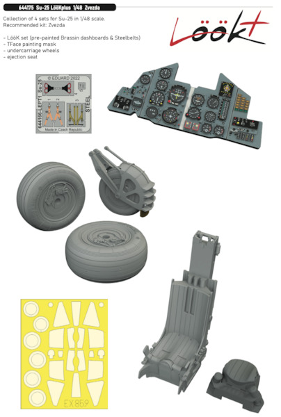 Sukhoi Su25 Frogfoot Löök + Instrument Panel, Ejection seat and seatbelts, wheels and TFace mask (Zvezda) E644175