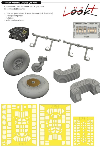 Avro Anson MKI Löök + Instrument Panel, seatbelts and rudder pedals, Wheels and radiators (Airfix) E644204