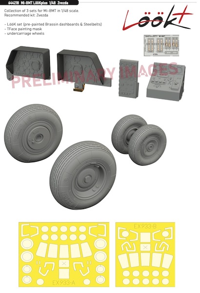 Mil Mi8MT Löök + Instrument Panel and seatbelts, Wheels and TFace mask (Zvezda) E644218