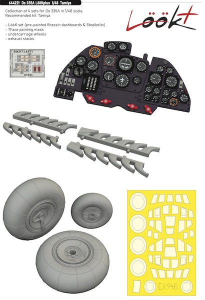 Dornier Do335A Löök + Instrument Panel and seatbelts, wheels, exhaust stacks and TFace (Tamiya) E644221