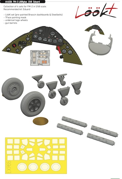 Grumman FM2 Wildcat Löök + Instrument Panel and seatbelts, wheels, Gun barrels and TFace (Eduard) E644226
