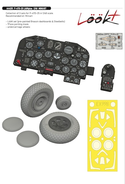 Republic P47D-25 Thunderbolt Löök + Instrument Panel, Wheels with Cross Tread, TFace mask and seatbelts (Mini Art)  E644251
