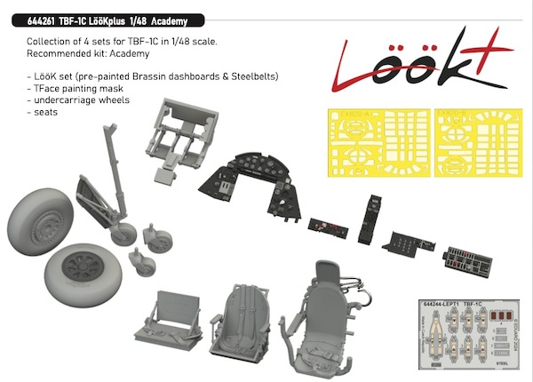 Grumman TBF-1 Avenger Löök + Instrument Panel and seatbelts, Wheels with smooth tread and TFace Mask (Academy) E644261