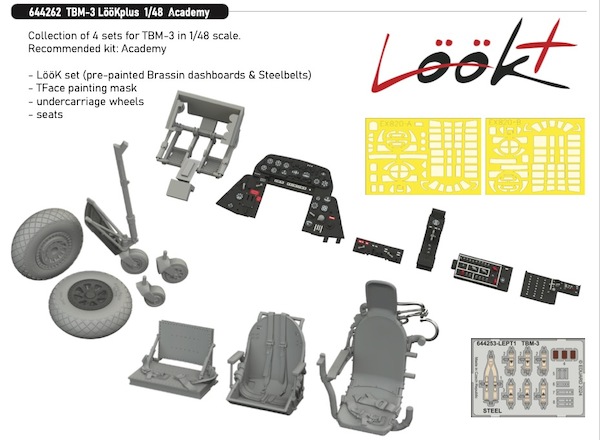 Grumman TBM-3 Avenger Löök + Instrument Panel and seatbelts, Wheels with Pattern tread and TFace Mask (Academy) E644262