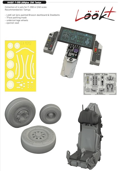 F35B Lightning II Löök + Instrument Panel and seatbelts, Wheels, Ejection Seat and TFace mask, (Tamiya) E644267