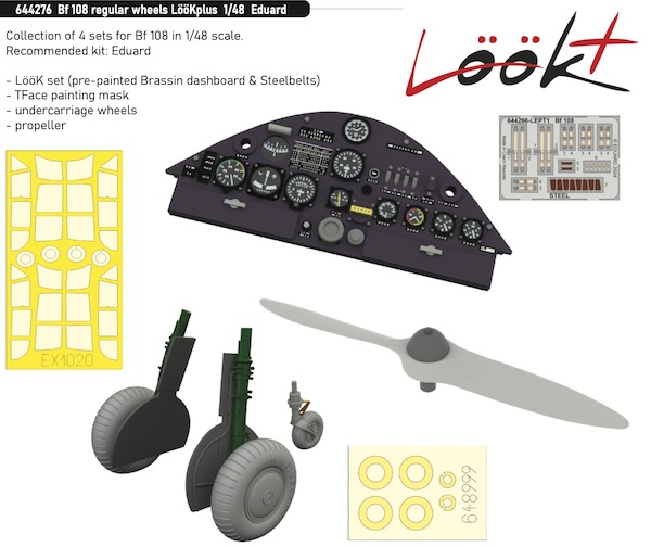 Messerschmitt Bf108 Regular wheels Löök + nstrument Panel and seatbelts, Wooden propeller, wheels and TFace mask (Eduartd) (Eduard) E644276