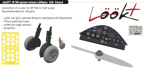 Messerschmitt Bf108 Spoked Wheels Löök + nstrument Panel and seatbelts, Wooden propeller, wheels and TFace mask (Eduartd)  (Eduard)  E644277