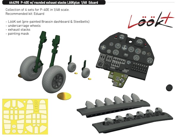 Curtiss P40E Warhawk Löök + Instrument Panel and seatbelts, Cross tread wheels, rounded exhaust stacks and TFace masking set (Eduard)  E644298