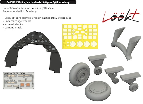 Grumman F4F-4  Wildcat Löök+ Instrument Panel and seatbelts, exhausts, early wheels and TFace mask (Tamiya)  E644303