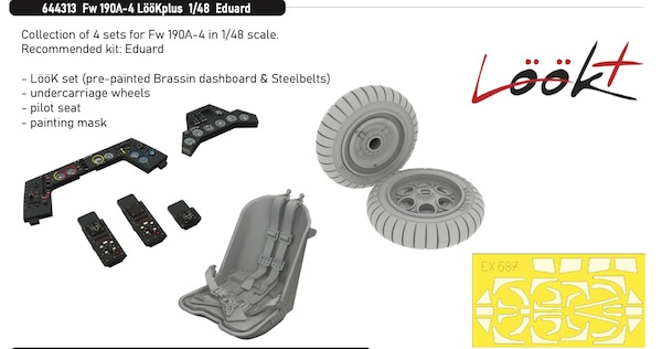 Focke Wulf FW190A-4 Löök+ Instrument Panel and seatbelts, Early Wheels, seat with belts and TFace mask (Eduard) E644313