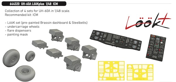 UH60A Blackhawk Löök+ Instrument Panel and seatbelts, wheels, Flare Dispensers, TFace Mask (ICM) E644320