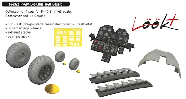 Curtiss P40N Löök + Instrument Panel and seatbelts, fishtail exhaust stacks, diamond tread wheels and TFace mask (Eduard) E644322