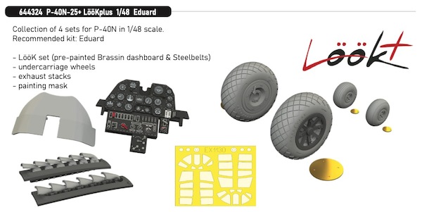Curtiss P40N-25+ Löök+ Instrument Panel and seatbelts, exhaust stacks, wheels, diamond tread TFace mask (Eduard) E644324