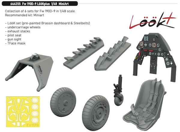 Focke Wulf FW190D-9 Löök + Instrument Panel and seatbelts, Wheels,seat, Exhausts, gunsight and TFace Mask (Great Wall Hobby) E644355
